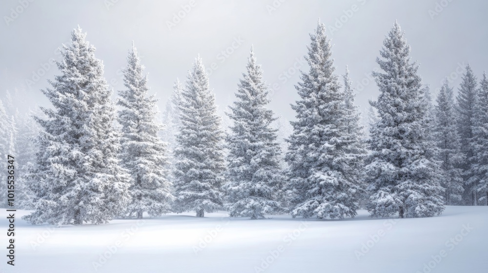 Snow-covered pine trees sparkle in the winter sun, creating a breathtaking winter wonderland.