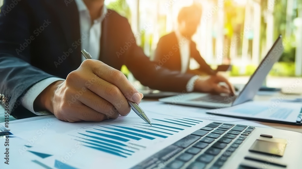 Professional business meeting with charts and laptops outdoors, focusing on analytics. Professional business meeting with charts and laptops outdoors, focusing on analytics.