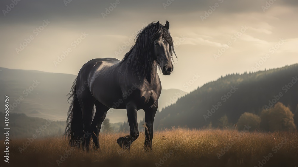Majestic Black Horse in the Open Field Majestic Black Horse in the Open Field