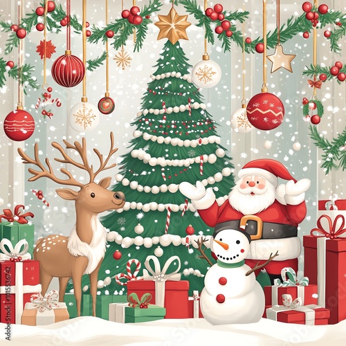 Festive Christmas scene with Santa, snowman, reindeer, gifts, and decorated tree, capturing holiday spirit and joy in a winter wonderland.