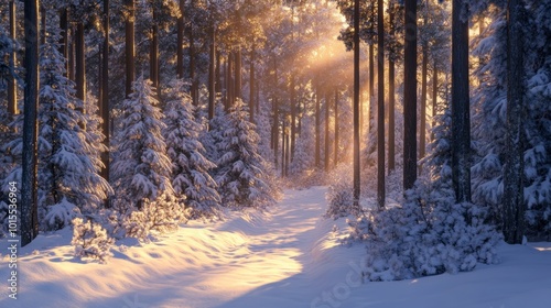 Snow-covered pine trees glisten in winter, with beautiful sunlight streaming through the branches.