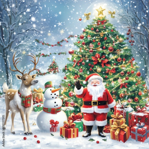 Festive Christmas scene with Santa Claus, a snowman, reindeer, and decorated tree surrounded by gifts on a snowy winter day.