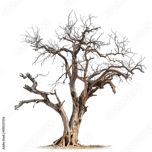 Single old and dead tree on white background