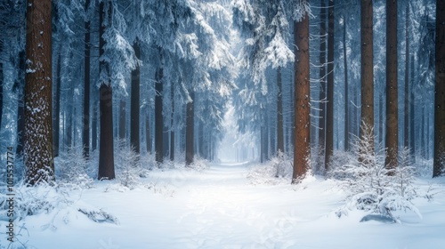 Snow-covered pine trees sparkle in the winter sun, creating a breathtaking winter wonderland.