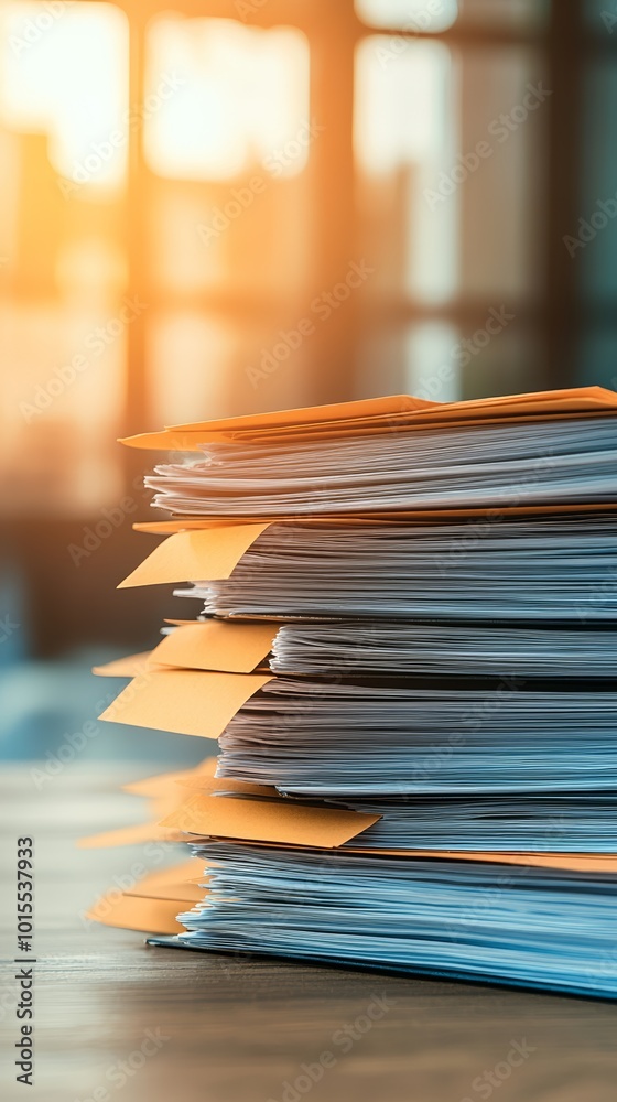 Stack of documents with orange tabs in an office setting, warm light background.
