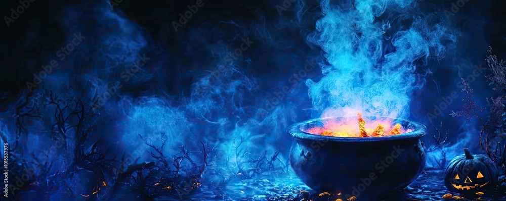 A mystical cauldron simmering with blue smoke and glowing embers, set in an enchanting Halloween atmosphere. A mystical cauldron simmering with blue smoke and glowing embers, set in an enchanting Halloween atmosphere.