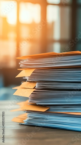 Obraz na płótnie Stack of documents with orange tabs in an office setting, warm light background. w salonie