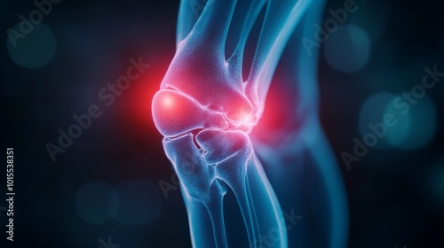 This 3D rendering showcases a human knee joint with a focus on the intricate bone and cartilage structure, illuminated in blue with red markers indicating inflammation against a dark gradient