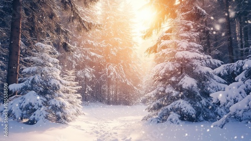 Snow-covered pine trees glisten in winter, with beautiful sunlight streaming through the branches.