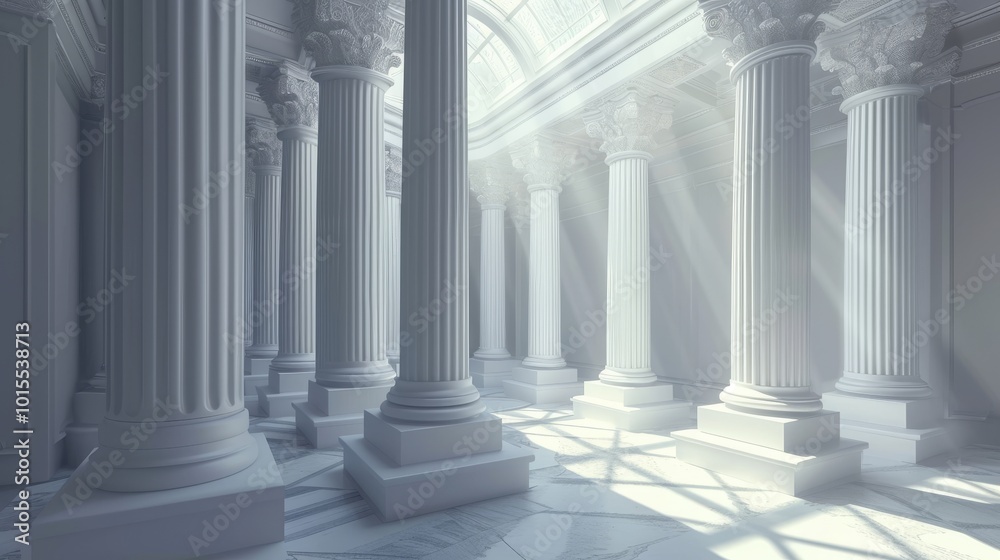 Elegant, towering classical columns stand in a sunlit hall, casting long shadows on the polished floor. The serene and grand architectural scene evokes ancient beauty and timeless design. Elegant, towering classical columns stand in a sunlit hall, casting long shadows on the polished floor. The serene and grand architectural scene evokes ancient beauty and timeless design.