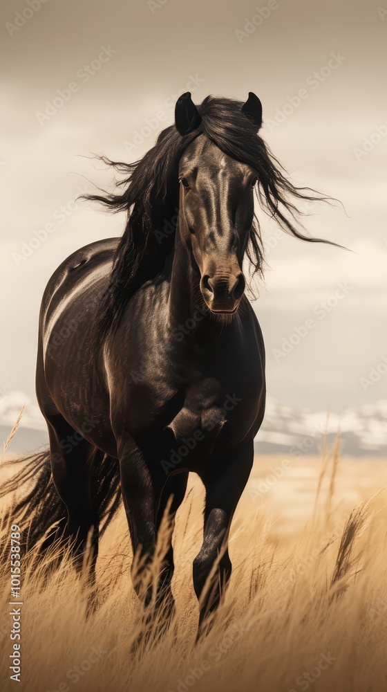 Majestic Black Horse in the Open Field Majestic Black Horse in the Open Field