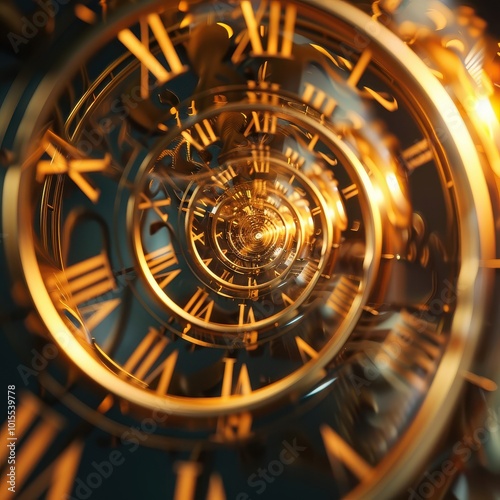 Infinite spiral of glowing roman numeral clock faces in golden light