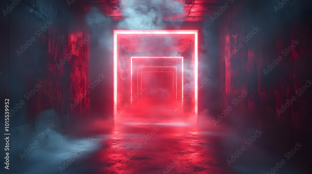 Red Neon Lights in a Dark Hallway 3D Illustration Red Neon Lights in a Dark Hallway 3D Illustration