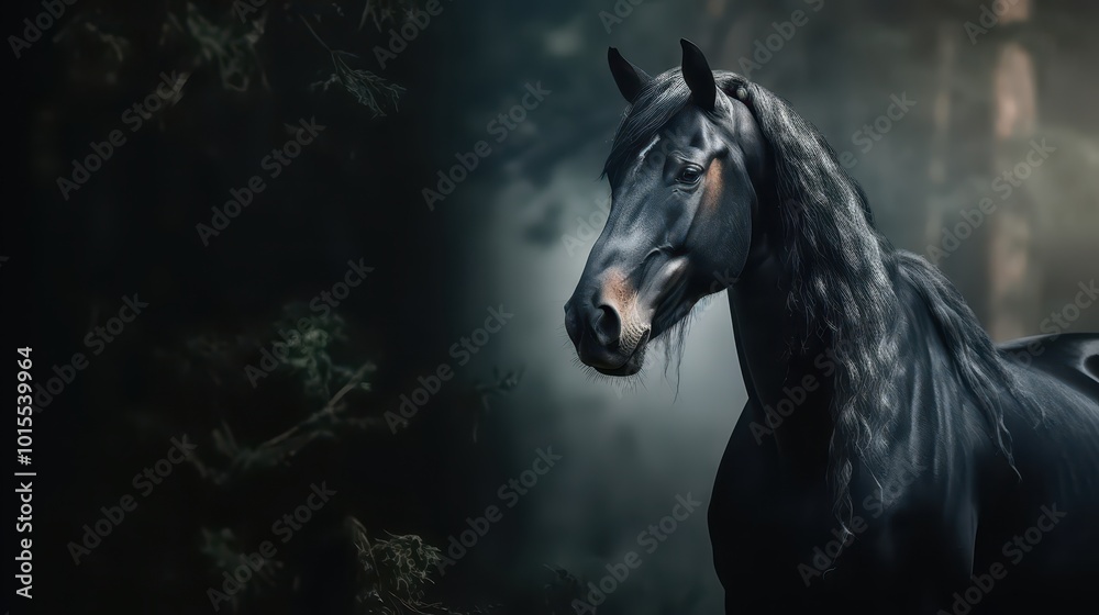 Majestic Black Horse in the Open Field Majestic Black Horse in the Open Field