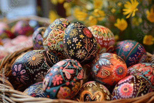 Vibrant hand-painted easter eggs in a rustic wicker basket with spring flowers