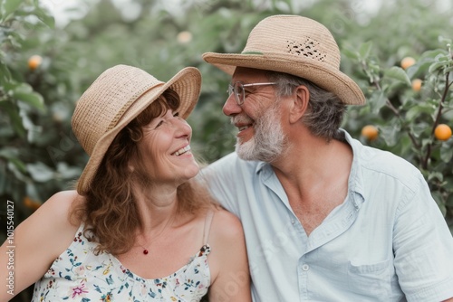 Portrait of happy senior couple looking at each other and smiling in garden