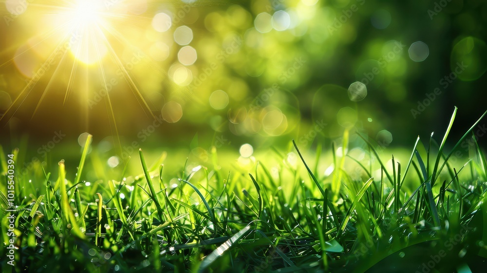 Sunlit morning dew on fresh green grass with a soft bokeh background Sunlit morning dew on fresh green grass with a soft bokeh background
