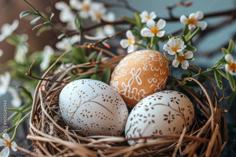 Decorative easter eggs in a nest with spring blossoms – a celebration of renewal and artistry