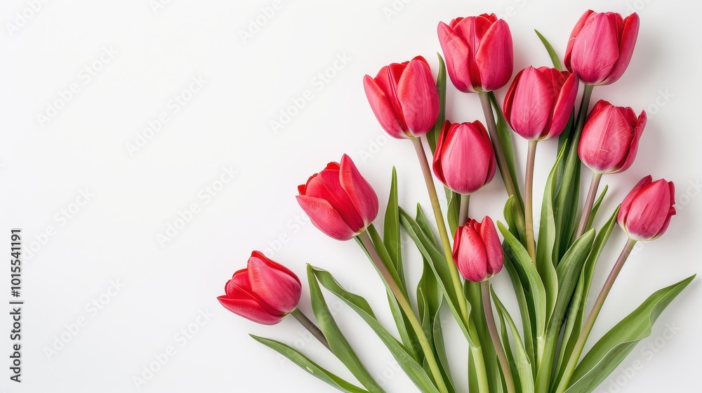 Vibrant red tulips arranged on a white background - minimalist floral spring decoration Vibrant red tulips arranged on a white background - minimalist floral spring decoration