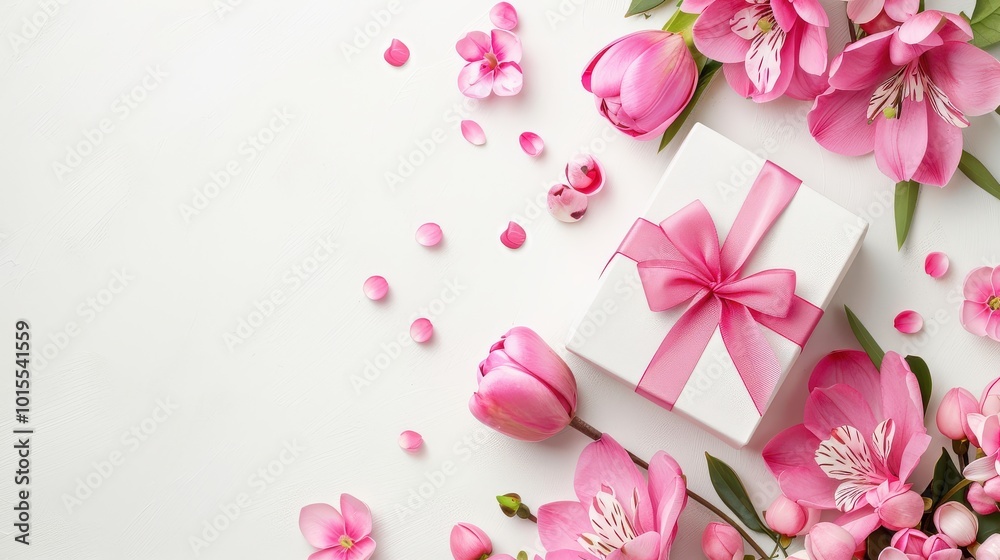 Elegant pink floral arrangement with gift box for celebrations and special occasions Elegant pink floral arrangement with gift box for celebrations and special occasions