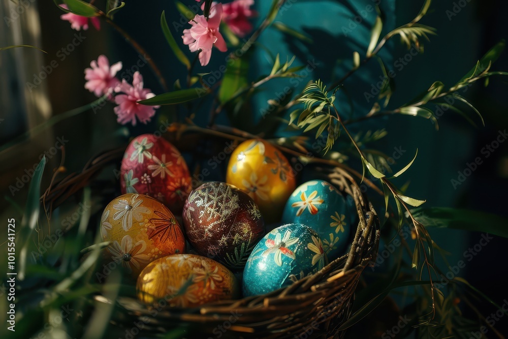 Vibrant decorated easter eggs in a nest with spring flowers Vibrant decorated easter eggs in a nest with spring flowers
