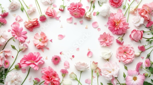 Beautiful pink and white floral arrangement with blossoms and petals on white background