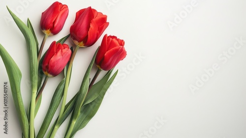 Vibrant red tulips arranged on minimalist white background in natural light