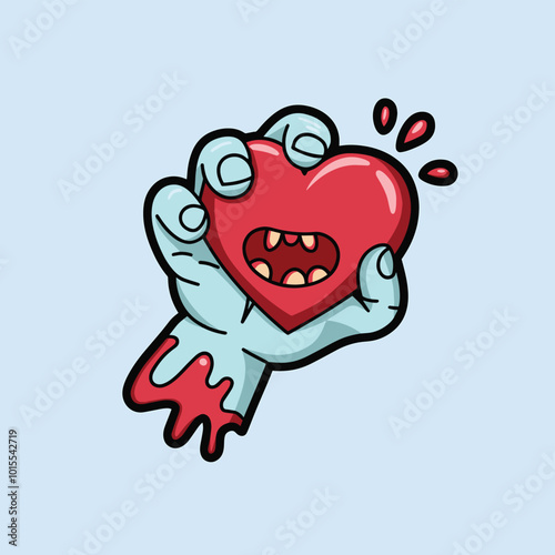 A cartoon zombie hand holds a red, fanged heart with blood dripping from its fingers.