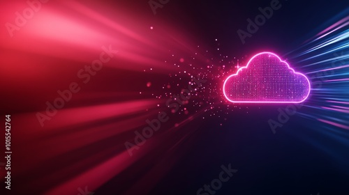 A neon cloud icon shines brightly with red and blue lines in a dark, gradient background. Digital particles and binary codes enhance the futuristic theme, ideal for technology themes