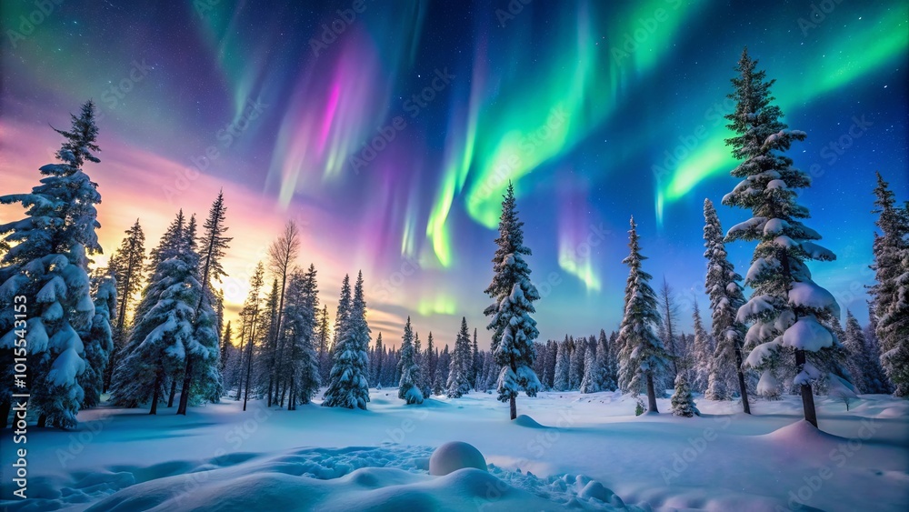 A symphony of celestial light dances across the night sky, illuminating a snow-covered forest with a mesmerizing display of vibrant green and purple aurora borealis. A symphony of celestial light dances across the night sky, illuminating a snow-covered forest with a mesmerizing display of vibrant green and purple aurora borealis.