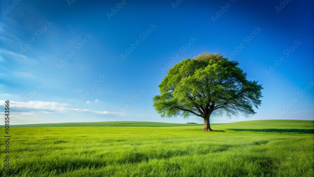 Obraz premium A solitary tree stands tall in a field of verdant grass, its branches reaching towards a clear blue sky, punctuated by wispy white clouds.