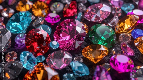 A stunning assortment of vibrant gemstones in various cuts and colors, spread across a dark surface. The rich hues and sharp facets create a luxurious and elegant feel. Perfect for themes of luxury