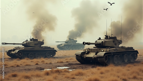 Burnt-out tank carcasses scattered across a barren field, with smoke still rising from the wreckage and vultures circling overhead.