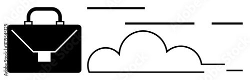 Black briefcase next to a cloud with lines implying movement. Ideal for cloud storage, business solutions, digital transformation, corporate strategy, remote work. Minimalist, clean, modern