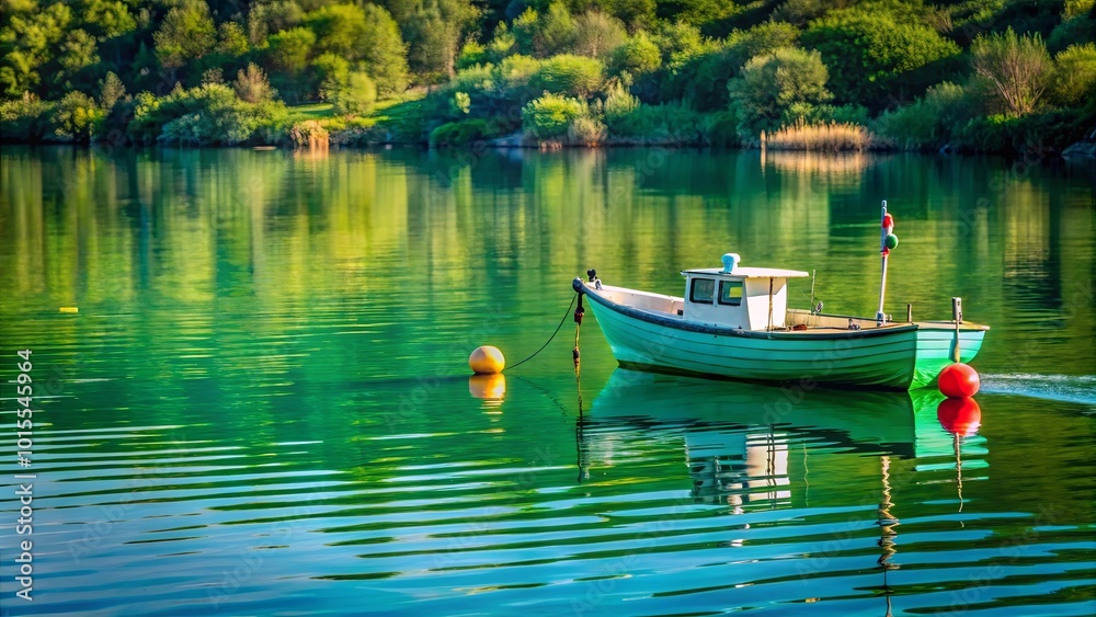 Obraz premium A Single Boat Quietly Anchored in a Still Green Lake, Reflecting a Calm Serenity and Tranquility