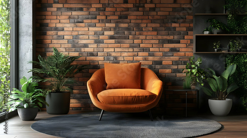 Orange Armchair with Grey Rug in Front of Brick Wall - 3D Illustration