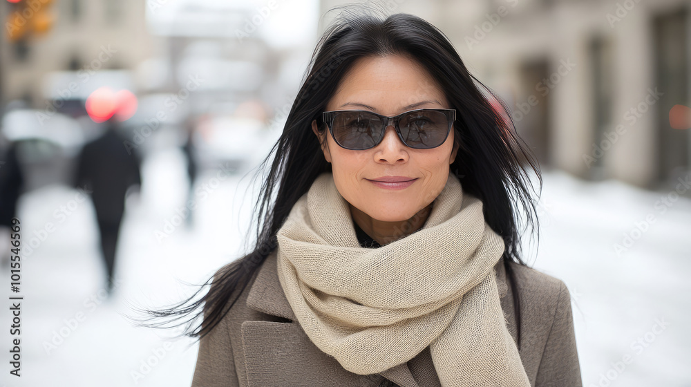 the middle age professional educated asian lady is walking in the city in classy winter cloth the middle age professional educated asian lady is walking in the city in classy winter cloth