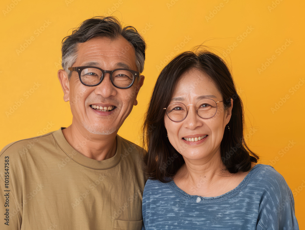 older asian couple is standing in front of the plain orange background older asian couple is standing in front of the plain orange background