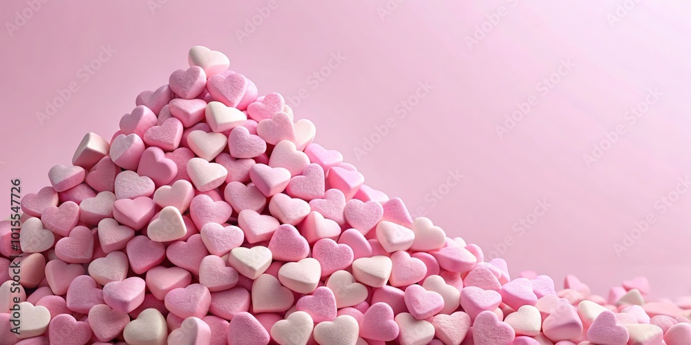 Fototapeta premium A mountain of delicate pink heart-shaped candies, cascading down a soft blush background, evoking a sense of sweetness and affection.