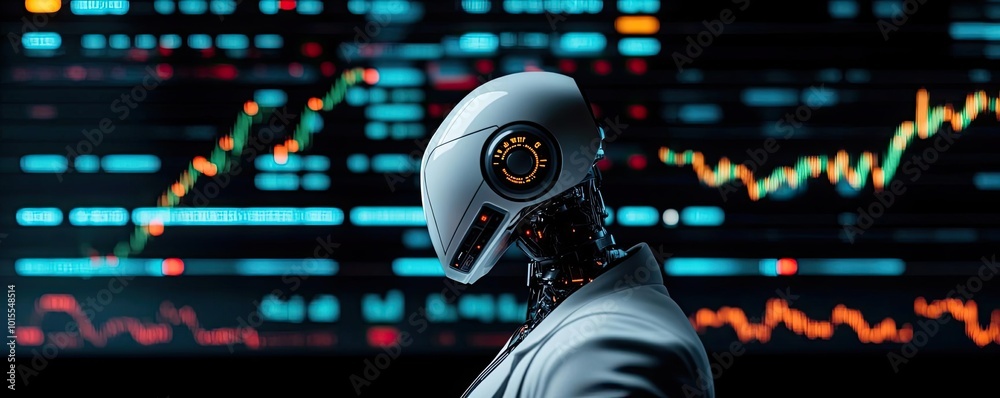 Futuristic robot in a business suit analyzing stock market trends with digital graphs in the background. Futuristic robot in a business suit analyzing stock market trends with digital graphs in the background.