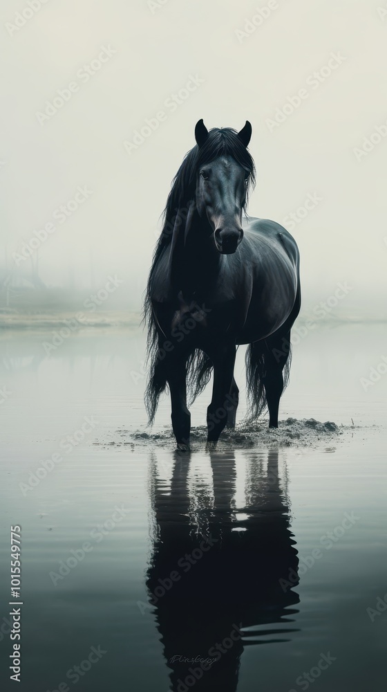 Obraz premium Majestic Black Horse Walking Through the Shallow Waves on a Misty Beach