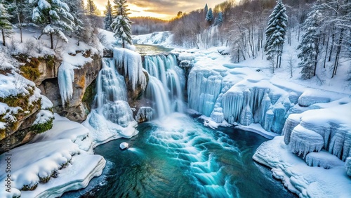 Fototapeta Naklejka Na Ścianę i Meble -  Frozen waterfall background winter landscape river snow ice Aerial