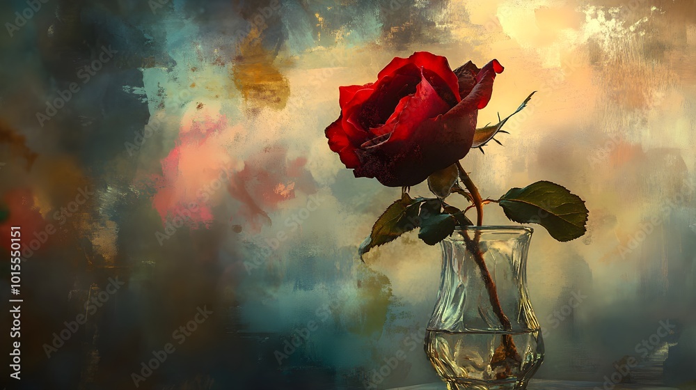 Obraz premium A striking image of a withering blood-red rose, its deep petals fading, displayed in a transparent glass vase, rendered in soft watercolor hues. 