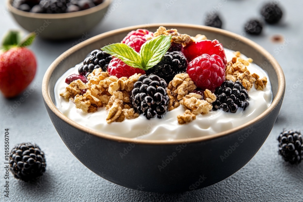 Watercolor depiction of a bowl of Greek yogurt topped with fresh fruit and nuts, with gentle brushstrokes representing the lightness and richness of a high-protein snack Watercolor depiction of a bowl of Greek yogurt topped with fresh fruit and nuts, with gentle brushstrokes representing the lightness and richness of a high-protein snack