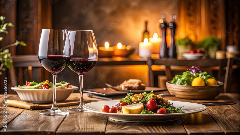 A Rustic Table Setting with Two Glasses of Red Wine, Candles, and a Salad with Fresh Tomatoes and Greens A Rustic Table Setting with Two Glasses of Red Wine, Candles, and a Salad with Fresh Tomatoes and Greens