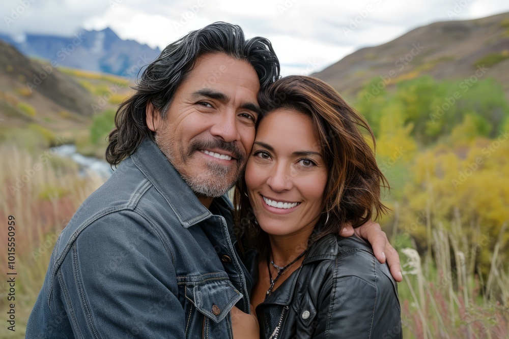 Portrait of a loving couple in the mountains. They are looking at the camera and smiling. Portrait of a loving couple in the mountains. They are looking at the camera and smiling.