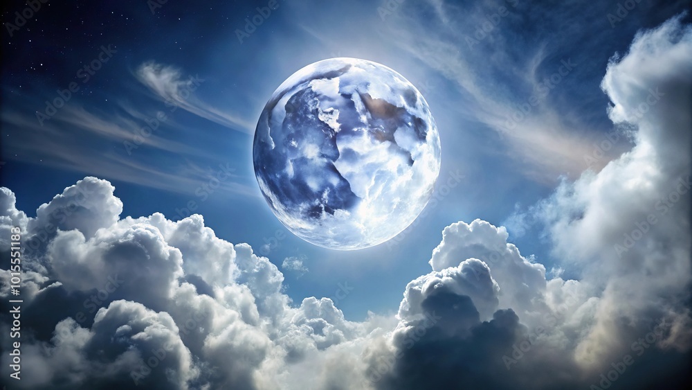 Fototapeta premium Full moon with wispy white clouds at a tilted angle