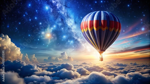 A solitary hot air balloon ascends through a sea of clouds towards a starlit sky, its vibrant colors a striking contrast against the deep blue canvas photo