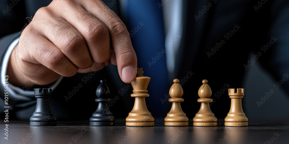 a hand of businessman is playing chess showing how he use the strategies and planning to win the game a hand of businessman is playing chess showing how he use the strategies and planning to win the game