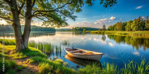 Serene Lakeside Tranquility, A Single Rowboat Anchored Amongst Lush Green Foliage and Reflecting Clouds in a Still Water Surface